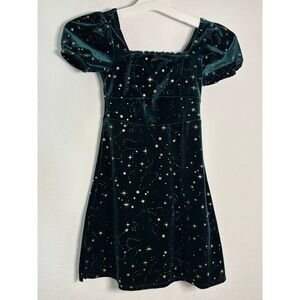 Eyeshadow Girls Green Velvet Celestial Star Dress Gold Foil Size 7/8 Holiday